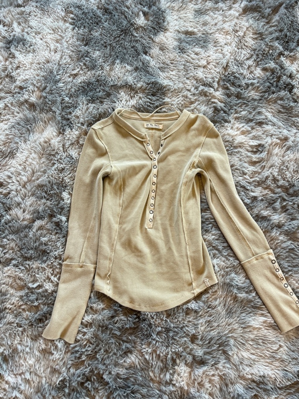 We The Free Button-Front Ribbed Long Sleeve Top - Light Beige